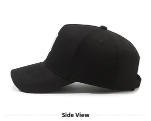 Side view of black cotton baseball cap with white 3D embroidery and structured high crown