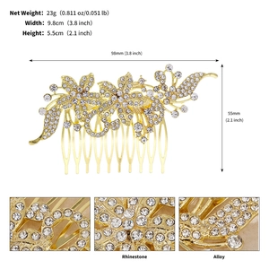 Detail view of crystal rhinestone bridal hair comb with alloy leaf motif and size dimensions