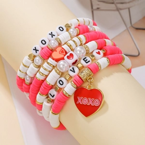 Handmade layered bracelet set with pink heart charm and LOVE XOXO letter beads