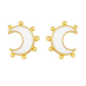 Close-up of 18K gold plated moon earrings with white enamel inlay and beaded edge