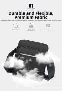 Close-up of black Oxford fabric shoulder bag featuring durable zipper and metal brand plate