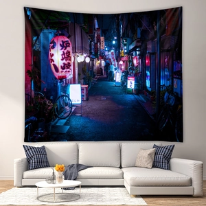 Detail of bohemian cyberpunk tapestry featuring Japanese night street neon on a white wall