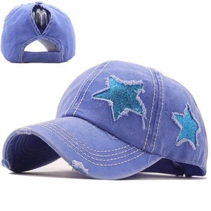 Berretto da baseball in denim per coda di cavallo con stelle glitterate blu