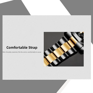 Close-up of black and gold stainless steel watch band with detailed three-link design