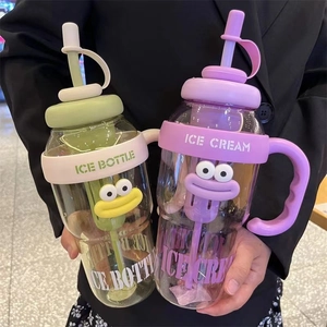 Large capacity plastic water bottles with straws, silicone handles and cartoon eyes