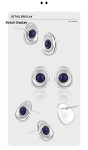 Detailed views of S925 sterling silver oval stud earrings with blue lapis lazuli stones