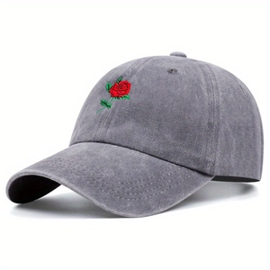 Cappellino da baseball grigio in cotone con ricamo rosa rossa e visiera curva unisex