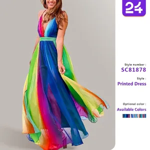 Sexy Deep V Neck Rainbow Gradient Chiffon Maxi Dress Backless Sleeveless Summer Vacation Bohemian Flowy Long Dress Women