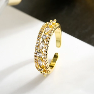 Geometric Open Ring Copper Gold Plated Micro Pave Cubic Zirconia Marquise Round Adjustable Minimalist Jewelry For Women
