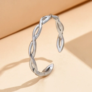 Minimalist woven stainless steel open ring with polished twist design for women