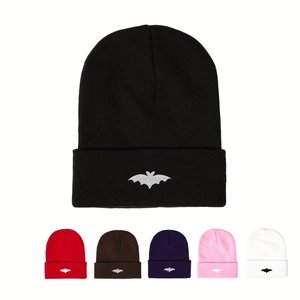 Bat Embroidery Knit Beanie Hat Acrylic Warm Cuffed Ribbed Skull Cap Gothic Punk Style Winter Autumn For Women Men Casual