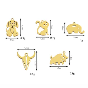 Size and weight details for golden stainless steel dog, cat, and elephant animal pendants