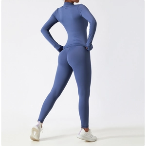 Rear view of slim-fit yoga set with high-waisted leggings and long-sleeve top in deep blue