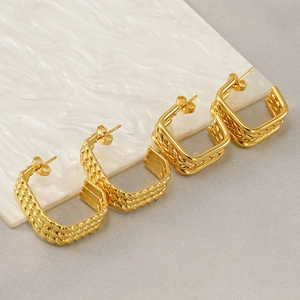 Square Geometric Hoop Earrings 18K Gold Plated Stainless Steel Woven Braided Texture Trendy Jewelry For Women