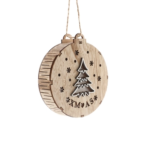 XMAS wooden LED ornament with hollow Christmas tree design and rustic hemp rope