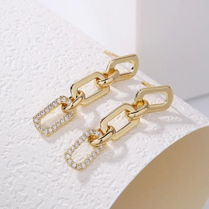 French geometric long tassel earrings with gold plating and cubic zirconia pendants