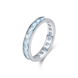S925 sterling silver ring featuring light blue square-cut crystals in a full eternity band