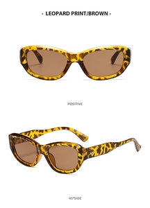 Retro leopard print cat-eye sunglasses with brown lenses shown from front and side views