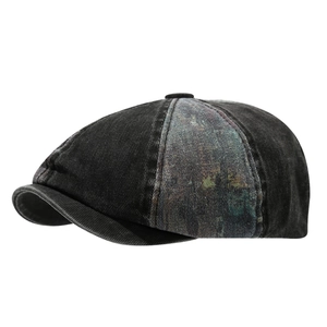 Vintage washed cotton newsboy cap in dark grey with unique colorful patterned patchwork