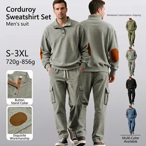 Men Corduroy Henley Collar Long Sleeve Pullover And Cargo Pants Casual Fall Winter Outfit Elbow Patches