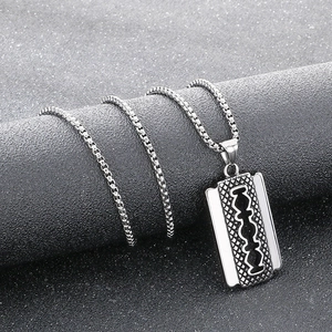 Men's punk razor blade pendant necklace in polished stainless steel with box chain