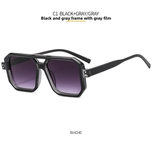 Detail view of large square sunglasses featuring a black-gray frame and gradient lenses