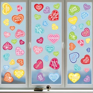 Colorful heart static cling window stickers with festive phrases for Valentine's day decor