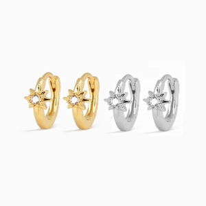 Macro detail of S925 silver star earrings in gold and silver finish with zircon center