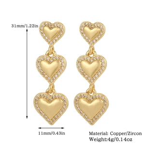 Detail of 18K gold plated triple heart earrings with size and material specifications