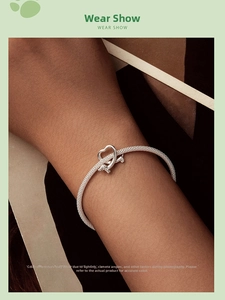 Detail of S925 sterling silver bangle featuring heart and dachshund charms on wrist