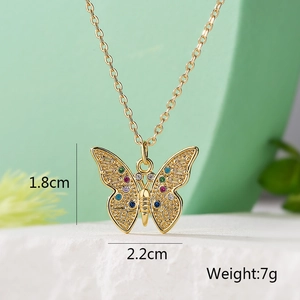 Detail of butterfly pendant necklace with colorful cubic zirconia and dimensions