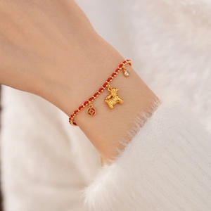 18K gold plated red string bracelet with zodiac horse and coin charms for women