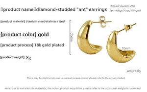 Detailed size chart for 18K gold plated stainless steel C-shape hoop earrings 20mm x 10mm