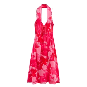 Maxikleid mit rotem Blumenmuster, Neckholder-Ausschnitt, V-Ausschnitt und Chiffon-Saum