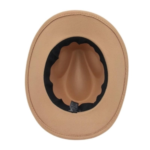 Interior detail of camel wide brim fedora showing sweatband and high-quality stitching