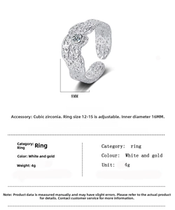 Detailed size specifications for irregular textured open ring with cubic zirconia