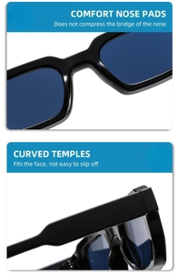 Detail of comfortable nose pads and curved temples on classic square sunglasses