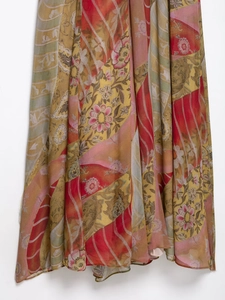Detailed view of floral midi skirt fabric featuring vintage geometric prints and chiffon texture
