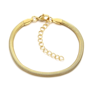 Flat lay of a gold stainless steel snake chain bracelet with adjustable lobster clasp