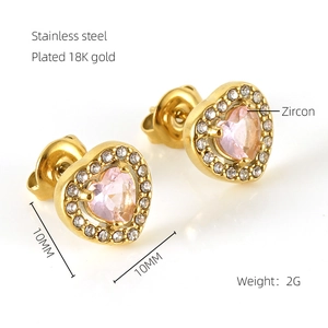 Details zu 10mm 18K vergoldeten Herz-Ohrsteckern aus Edelstahl mit rosa Zirkonstein