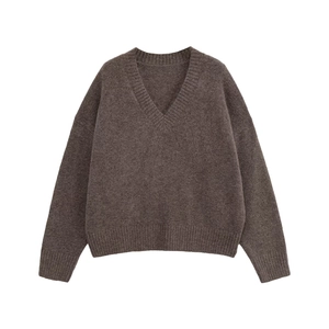 Pull en maille marron foncé pour femme avec col en V et design décontracté à épaules tombantes