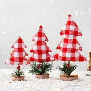 Three-piece set of red and white plaid Christmas tree ornaments with wooden bases