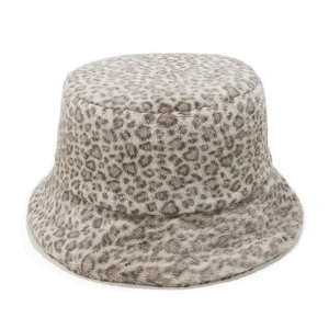 Close-up of leopard print faux fur bucket hat showing soft plush texture and pattern