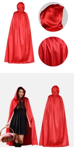 Mantello con cappuccio in raso rosso per cosplay di Halloween, costume da strega, dettagli e retro.