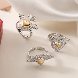 Two-Tone Copper Inlaid Zircon Sacred Heart Wing Adjustable Open Ring Fashion Retro Gothic Jewelry Gift For Women