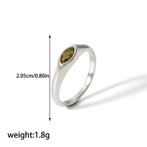 Detailed view of silver stainless steel ring with olive marquise gem and size specs