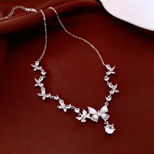 Butterfly Round Pendant Necklace Copper Zircon Mother Of Artificial Pearl Adjustable French Style Elegant Sweater Chain For Women