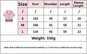 Detailed size guide table for pink contrast knit short sleeve cardigan and shorts set