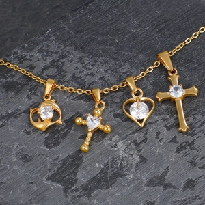 Gold-plated titanium steel necklaces featuring hollow heart, cross, and zircon pendants