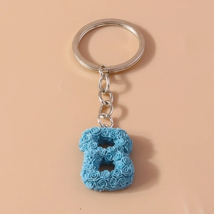 Floral light blue number 8 keychain with detailed rose textures and silver metal ring